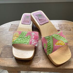Lilly Pulitzer Juice Bar Wooden Sandals Slides Made in Italy Lemon Size 8